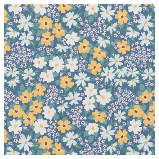 White Blue Yellow Flowers Floral Pattern Fabric