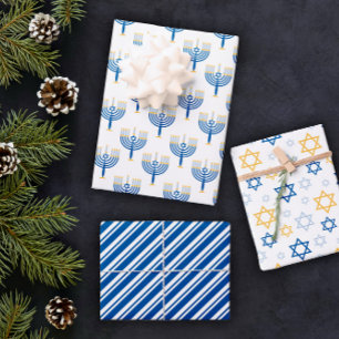 White Blue & Yellow Mixed Hanukkah Patterns Wrapping Paper Sheets