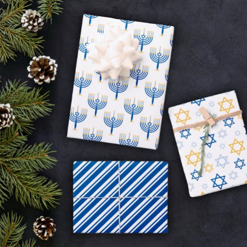 White Blue  Yellow Mixed Hanukkah Patterns Wrapping Paper Sheets