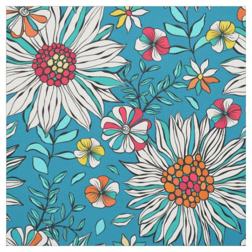 White Blue Yellow Orange Red Daisy Flowers Pattern Fabric
