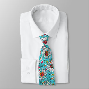 White Blue Yellow Orange Red Daisy Flowers Pattern Neck Tie