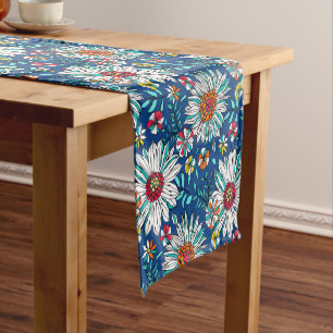 White Blue Yellow Orange Red Daisy Flowers Pattern Short Table Runner