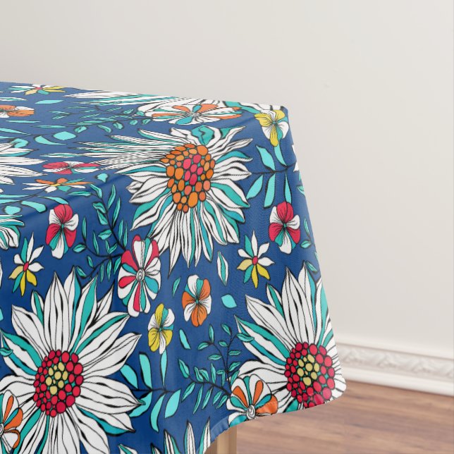 White Blue Yellow Orange Red Daisy Flowers Pattern Tablecloth (In Situ)