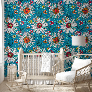 White Blue Yellow Orange Red Daisy Flowers Pattern Wallpaper