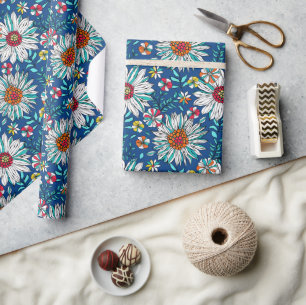 White Blue Yellow Orange Red Daisy Flowers Pattern Wrapping Paper