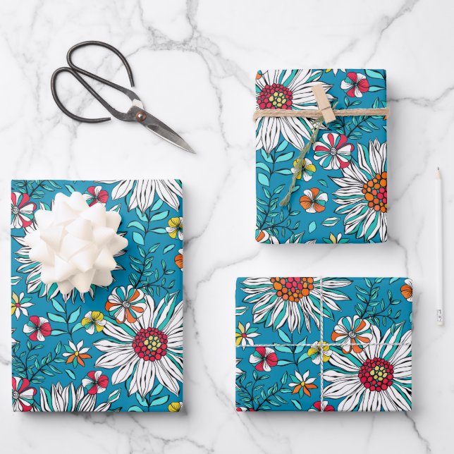 White Blue Yellow Orange Red Daisy Flowers Pattern Wrapping Paper Sheets (Front)