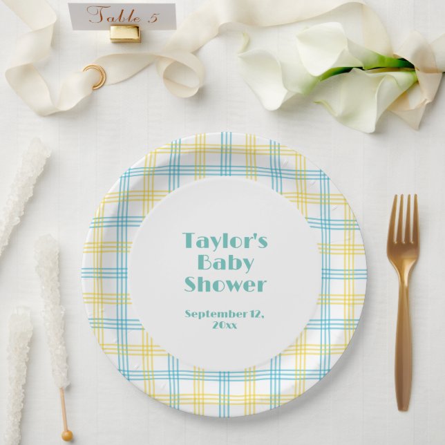 White Blue Yellow Stripes Baby Shower Paper Plates (Wedding)