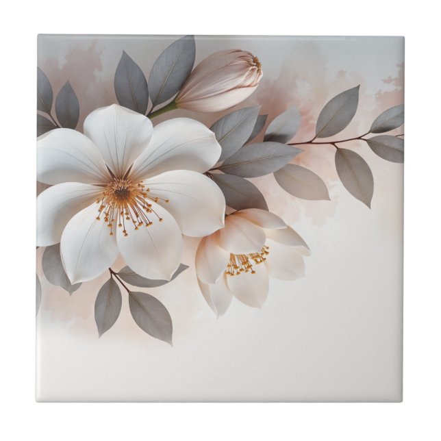White Blush 3 D Flower Ceramic Tile (Front)