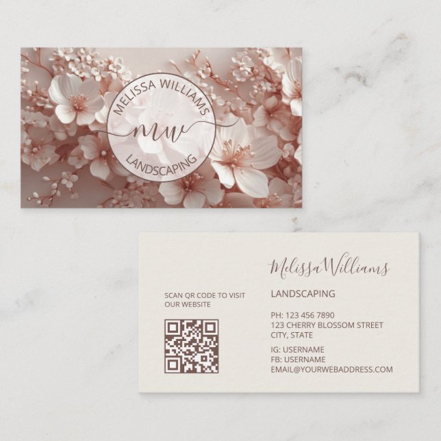White Blush 3D Flowers Logo Initials Business Card (Front/Back)