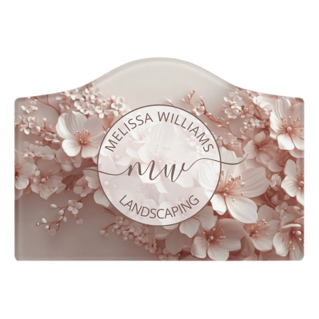 White Blush 3D Flowers Logo Initials Door Sign (Small Crest Front)