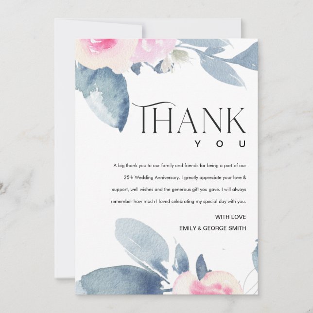 WHITE BLUSH BLUE FLORAL 25TH ANY YEAR ANNIVERSARY THANK YOU CARD (Front)