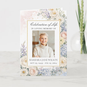 White Blush Blue Floral Photo Funeral Memorial Program