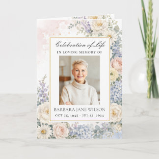 White Blush Blue Floral Photo Funeral Memorial Program