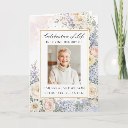 White Blush Blue Floral Photo Funeral Memorial Program
