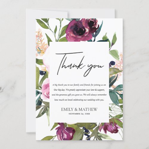 WHITE BLUSH BURGUNDY FLORA BUNCH WEDDING THANK YOU INVITATION