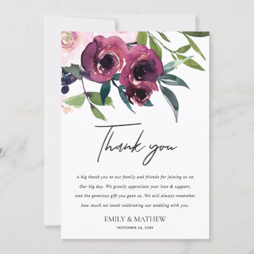 WHITE BLUSH BURGUNDY FLORA BUNCH WEDDING THANK YOU INVITATION