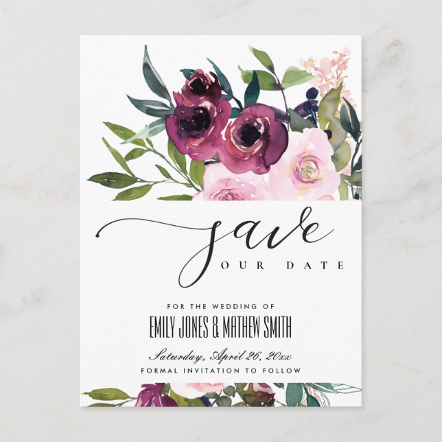 WHITE BLUSH BURGUNDY FLORAL BUNCH SAVE THE DATE ANNOUNCEMENT POSTCARD (Front)