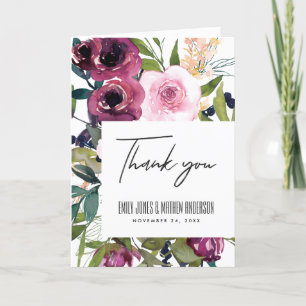 WHITE BLUSH BURGUNDY GREEN FLORAL BUNCH WEDDING LETTERPRESS THANK YOU CARD