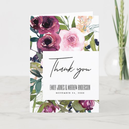 WHITE BLUSH BURGUNDY GREEN FLORAL BUNCH WEDDING THANK YOU CARD