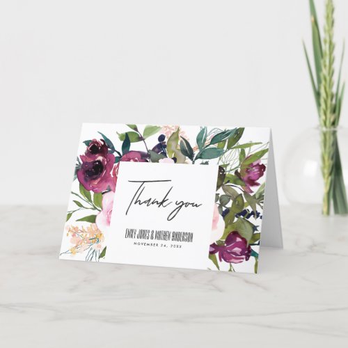 WHITE BLUSH BURGUNDY GREEN FLORAL BUNCH WEDDING THANK YOU CARD