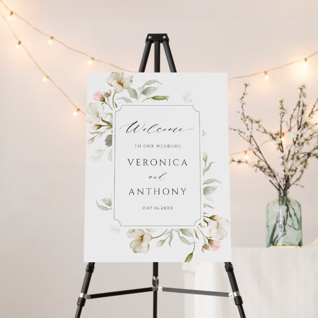 White Blush Elegant Floral Wedding Welcome Foam Board (In Situ (Stand))
