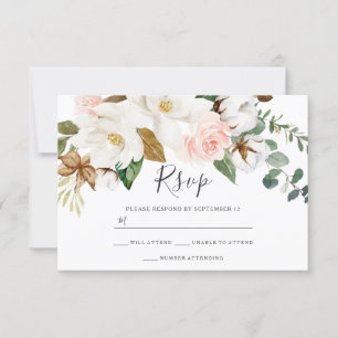 White & Blush Floral All Seasons Wedding RSVP Card