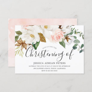 White & Blush Floral Baby Girl Christening Baptism Invitation