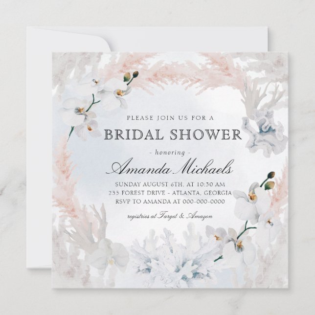 White & Blush Floral Beach Blue Bridal Shower Invitation (Front)