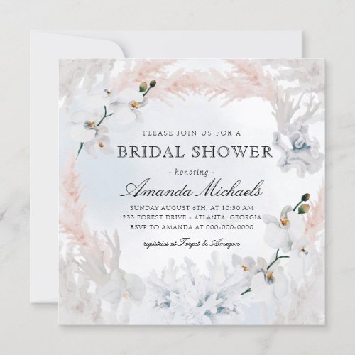 White  Blush Floral Beach Blue Bridal Shower Invitation