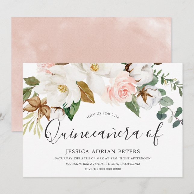 White & Blush Floral Beautiful Quinceanera Party Invitation (Front/Back)