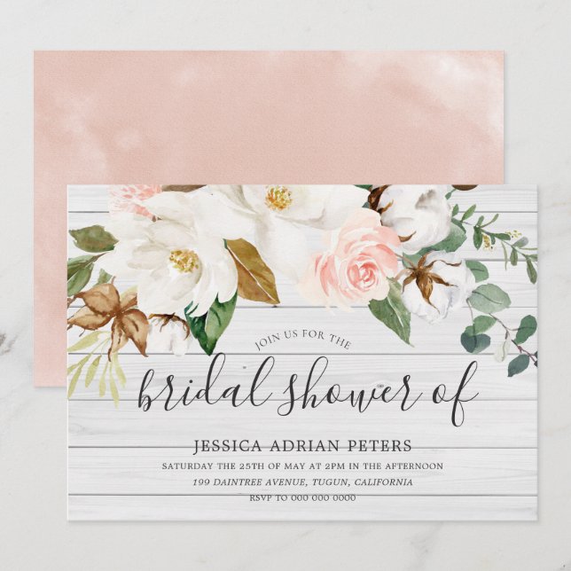 White Blush Floral Beautiful Rustic Bridal Shower Invitation (Front/Back)
