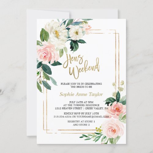 White Blush Floral Gold Bachelorette Weekend Party Invitation
