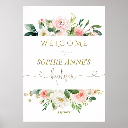 White Blush Floral Gold Frame Welcome Baptism Sign