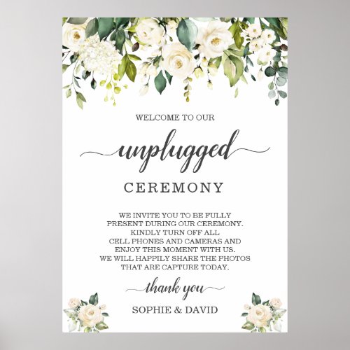 White Blush Floral Unplugged Wedding Ceremony Sign