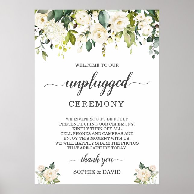 White Blush Floral Unplugged Wedding Ceremony Sign (Front)