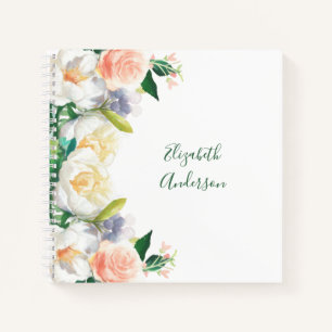 White blush florals name script notebook