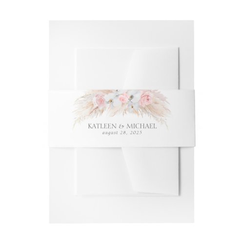 White  Blush Flowers and Pampas Grass Wedding Invitation Belly Band