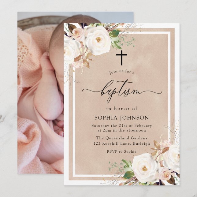 White & Blush Flowers Baby Girl Photo Baptism Invitation (Front/Back)