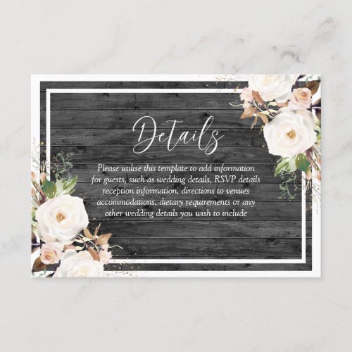 White  Blush Flowers Charcoal Rustic Wood Wedding Enclosure Card