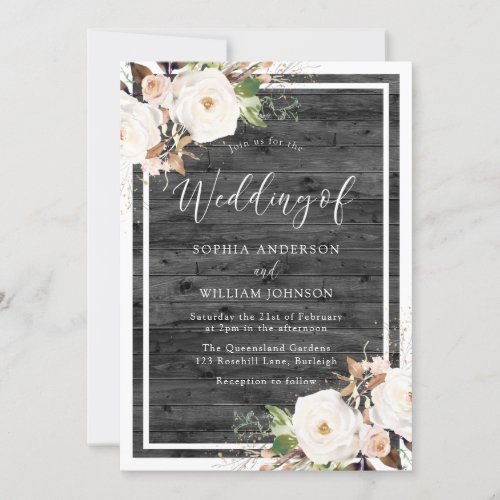 White  Blush Flowers Charcoal Rustic Wood Wedding Invitation