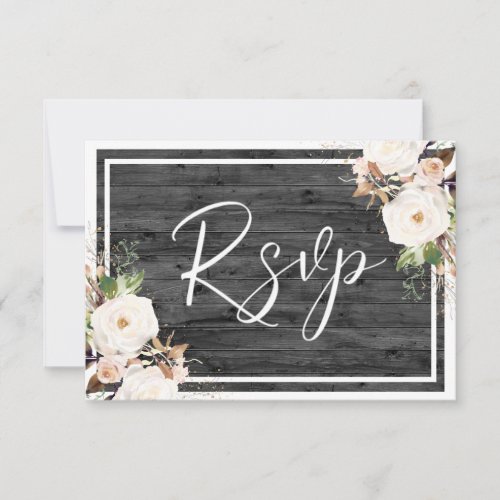 White  Blush Flowers Charcoal Rustic Wood Wedding RSVP Card