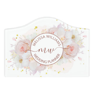 White Blush Flowers Logo Initials Door Sign