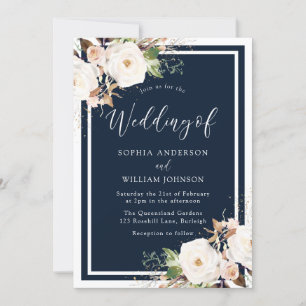 White & Blush Flowers Navy Indigo Wedding Invitation
