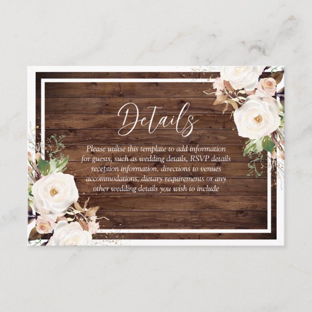 White & Blush Flowers Rustic Wood Wedding Enclosure Card (Front)