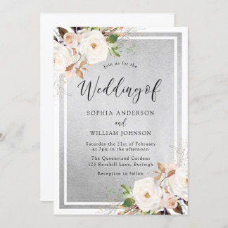 White & Blush Flowers Silver Elegant Wedding Invitation