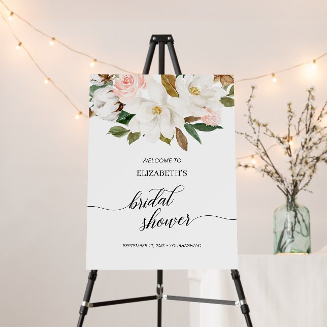 White Blush Magnolia Floral Bridal Shower Welcome Foam Board (In Situ (Stand))