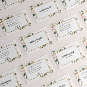 White & Blush Magnolia Floral Gold Glitter Frame Business Card