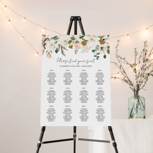 White Blush Magnolia Floral Welcome Seating Chart Foam Board