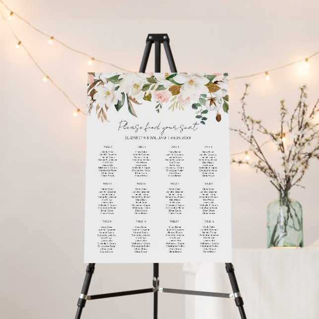 White Blush Magnolia Floral Welcome Seating Chart Foam Board (In Situ (Stand))