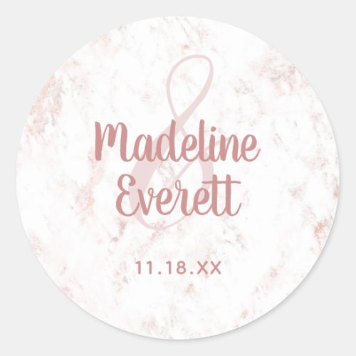 White Blush Marble and Rose Gold Monogram Wedding Classic Round Sticker